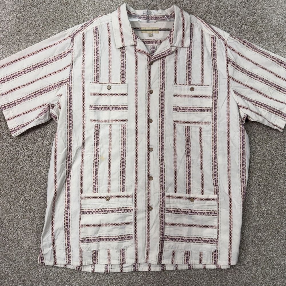 Territory Ahead Shirt Mens XXL Short Sleeve Stripe 4 Pocket Cream Burgundy EUC